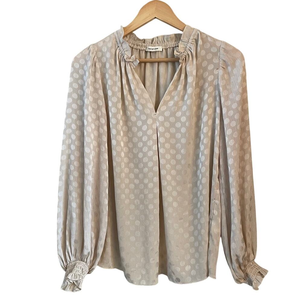 Max Studio Polka Dot Long Sleeve‎ Top with Smocked Cuffs Size XS